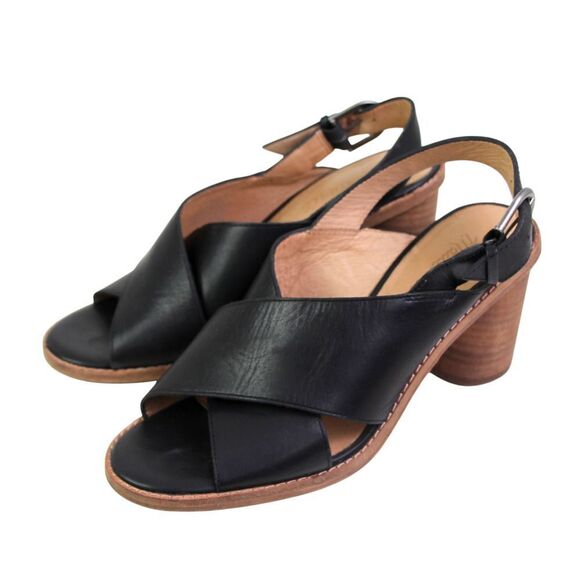 Madewell BLACK GENUINE LEATHER HIGH HEEL OPEN TOE BUCKLE SLINGBACK SANDALS Sz 7 - Picture 3 of 12
